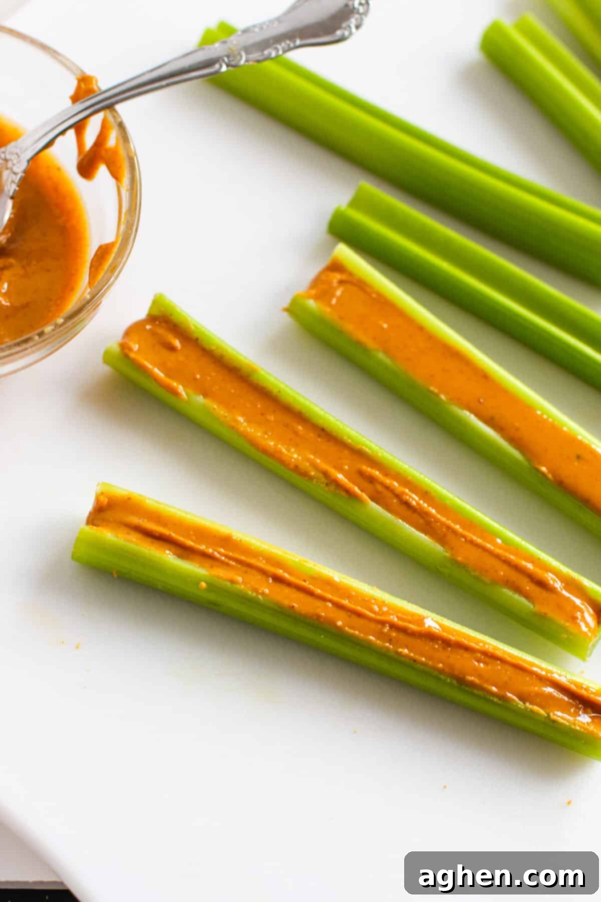 Festive Peanut Butter Antler Crunch 5 Celery sticks filled with peanut butter.