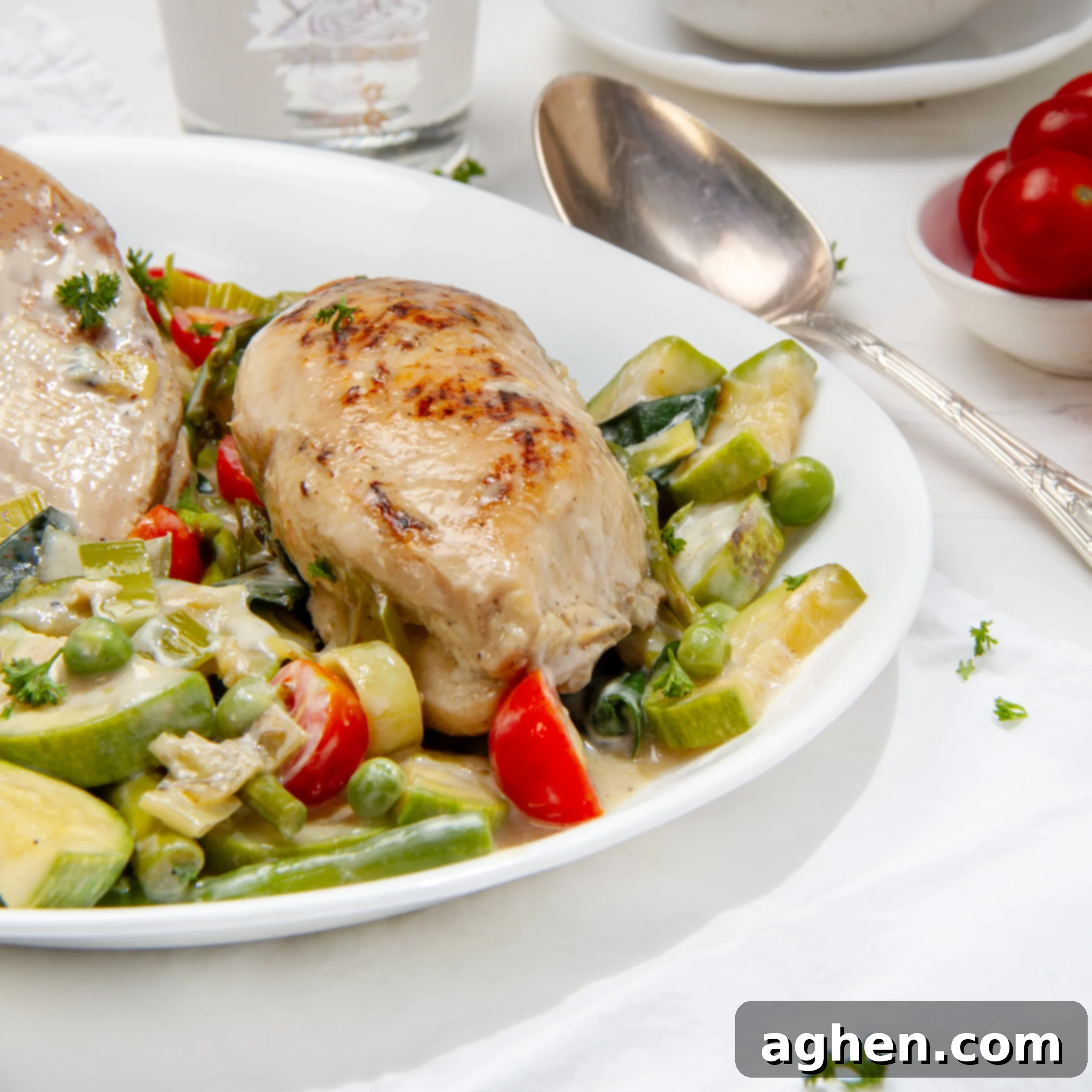Weight Watchers' Iconic Chicken Primavera 2 Light yet satisfying chicken primavera on a serving platter, showcasing colorful vegetables and tender chicken.