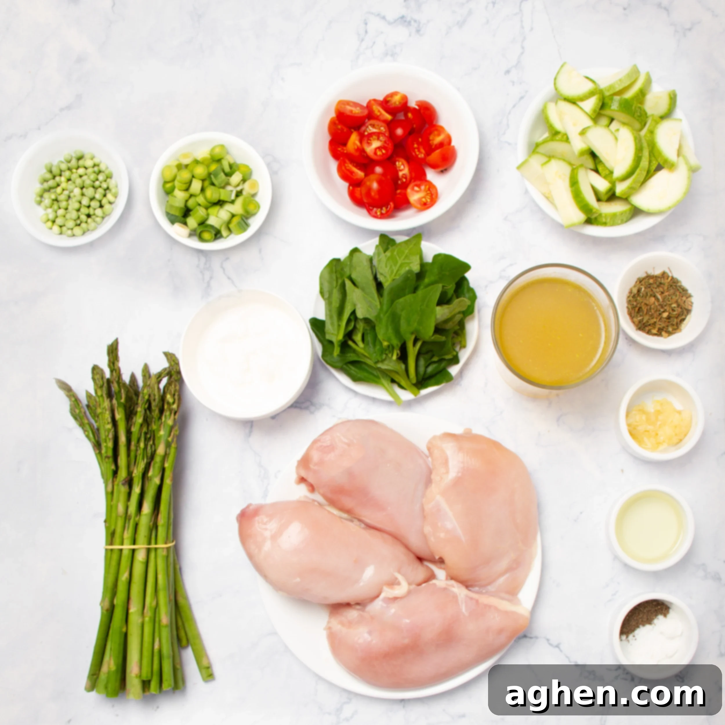 Weight Watchers' Iconic Chicken Primavera 3 Ingredients for Chicken Primavera laid out neatly in individual bowls on a kitchen countertop.