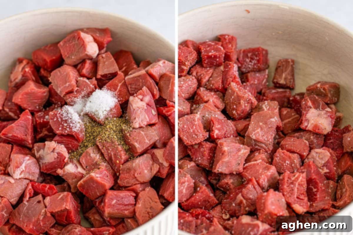 Cubed sirloin steak with salt and pepper, and same but tossed to coat.