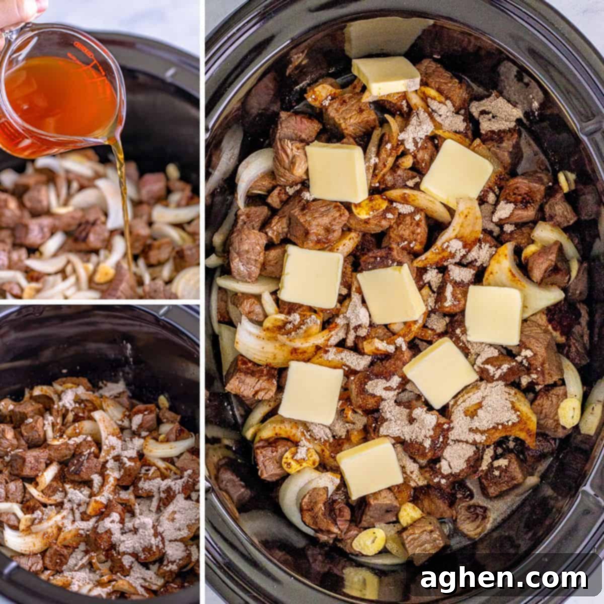 Three image collage of sauce being poured into slow cooker, au jus mix sprinkled on top, and butter sliced placed on top of everything in slow cooker.