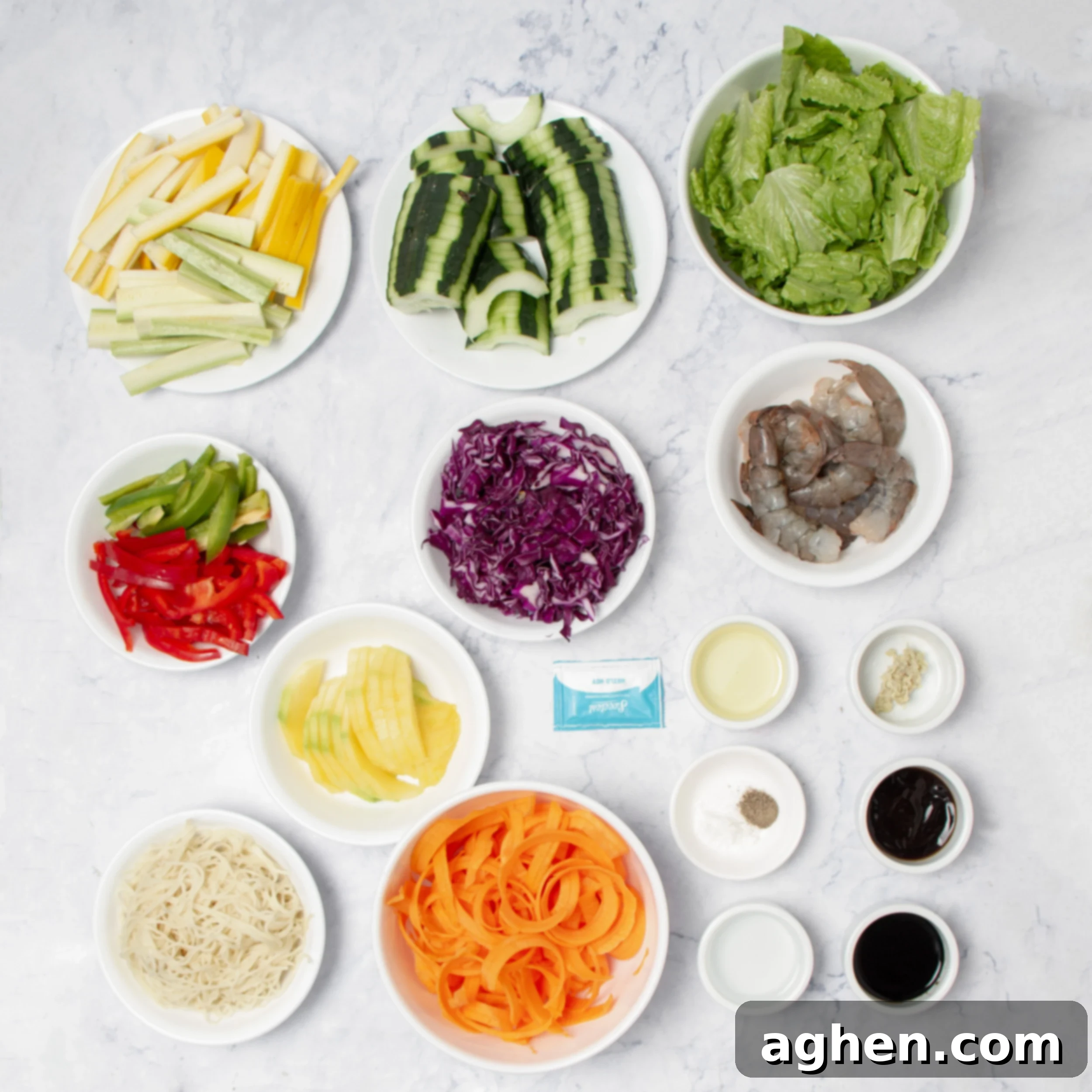 Shrimp Spring Roll Bowl ingredients meticulously arranged in separate dishes on a rustic kitchen counter, ready for preparation.