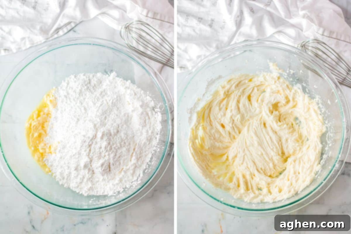 A two-image collage illustrating the process of making peppermint buttercream: first, ingredients in a mixing bowl, and second, the finished, fluffy buttercream ready for piping.