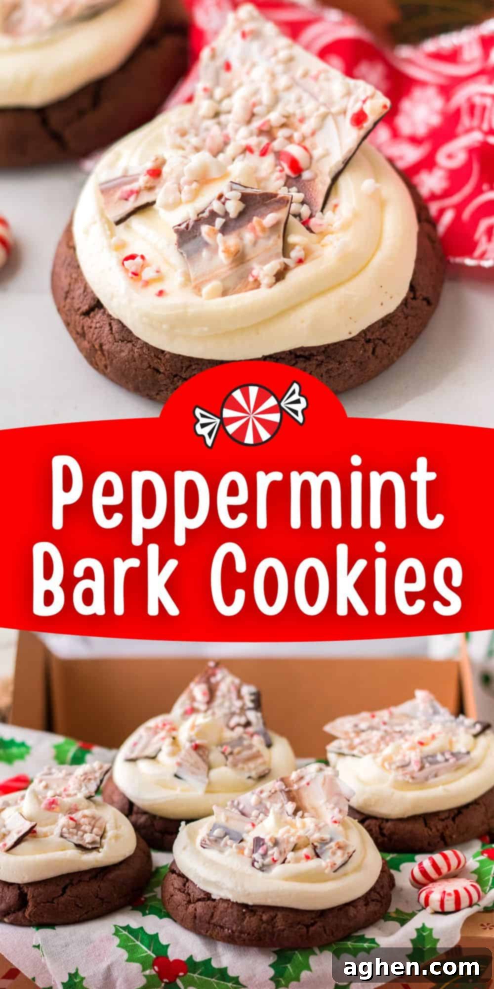 Beautifully arranged Peppermint Bark Cookies, adorned with frosting and peppermint bark, perfect for a holiday dessert spread.