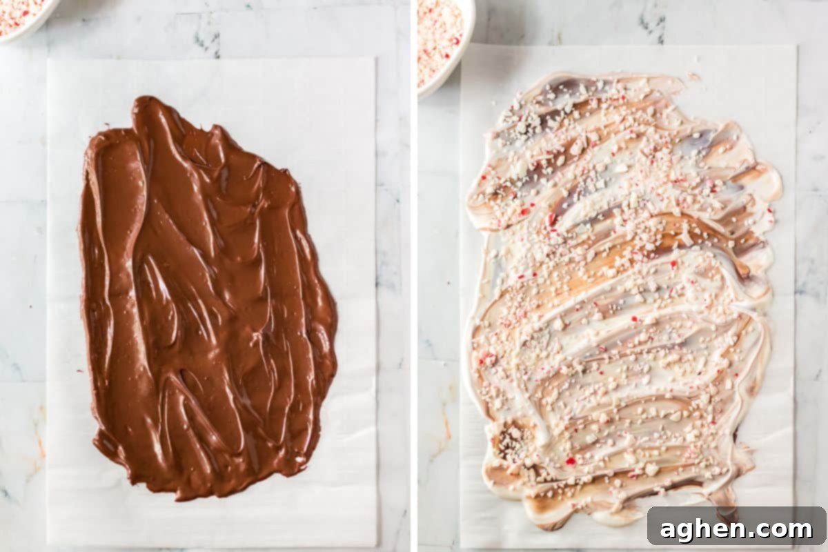A two-image collage showing the process of making homemade peppermint bark: first, melted chocolate spread on parchment paper, and second, topped with melted white chocolate and crushed peppermint candies for a festive finish.