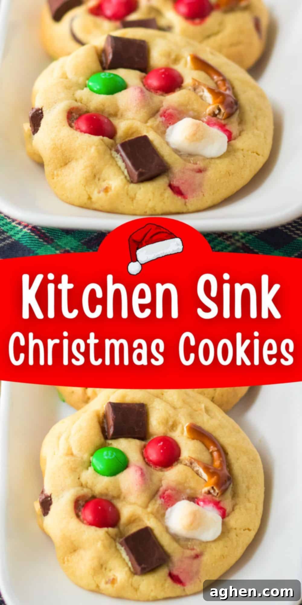 A close-up shot of a plate of freshly baked Kitchen Sink Christmas Cookies, showcasing their rich texture and abundant mix-ins.