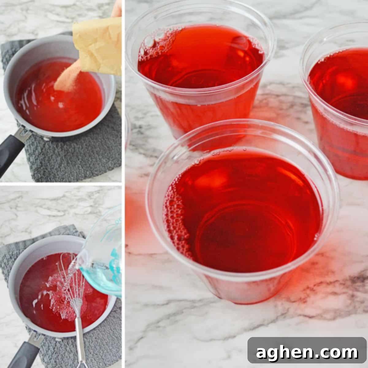 Jolly Santa Jello Cups 4 Three-image collage showing the process of making Santa Jello cups: boiling water with jello mix, adding cold water, and pouring the mixture into clear plastic cups.