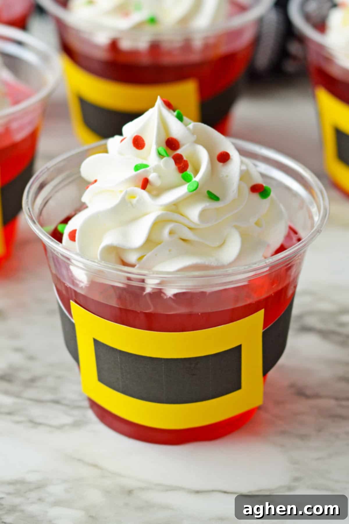 Jolly Santa Jello Cups 6 Close-up of a Santa Jello Cup with a black and gold belt, showcasing the festive detail.
