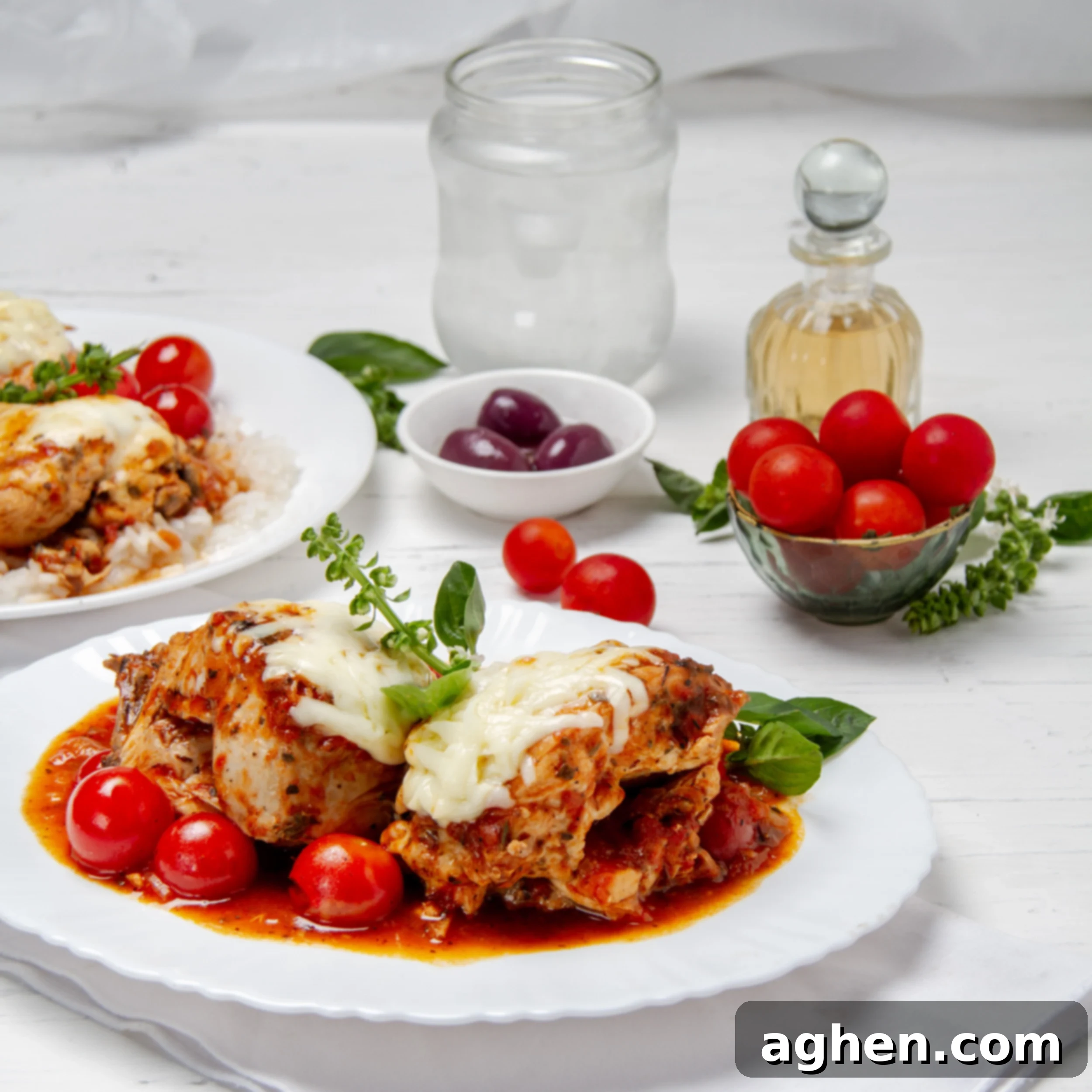 Weight Watchers' Favorite Chicken Caprese 2 Juicy and cheese Chicken Caprese on a plate with fresh tomatoes and olives on the side.