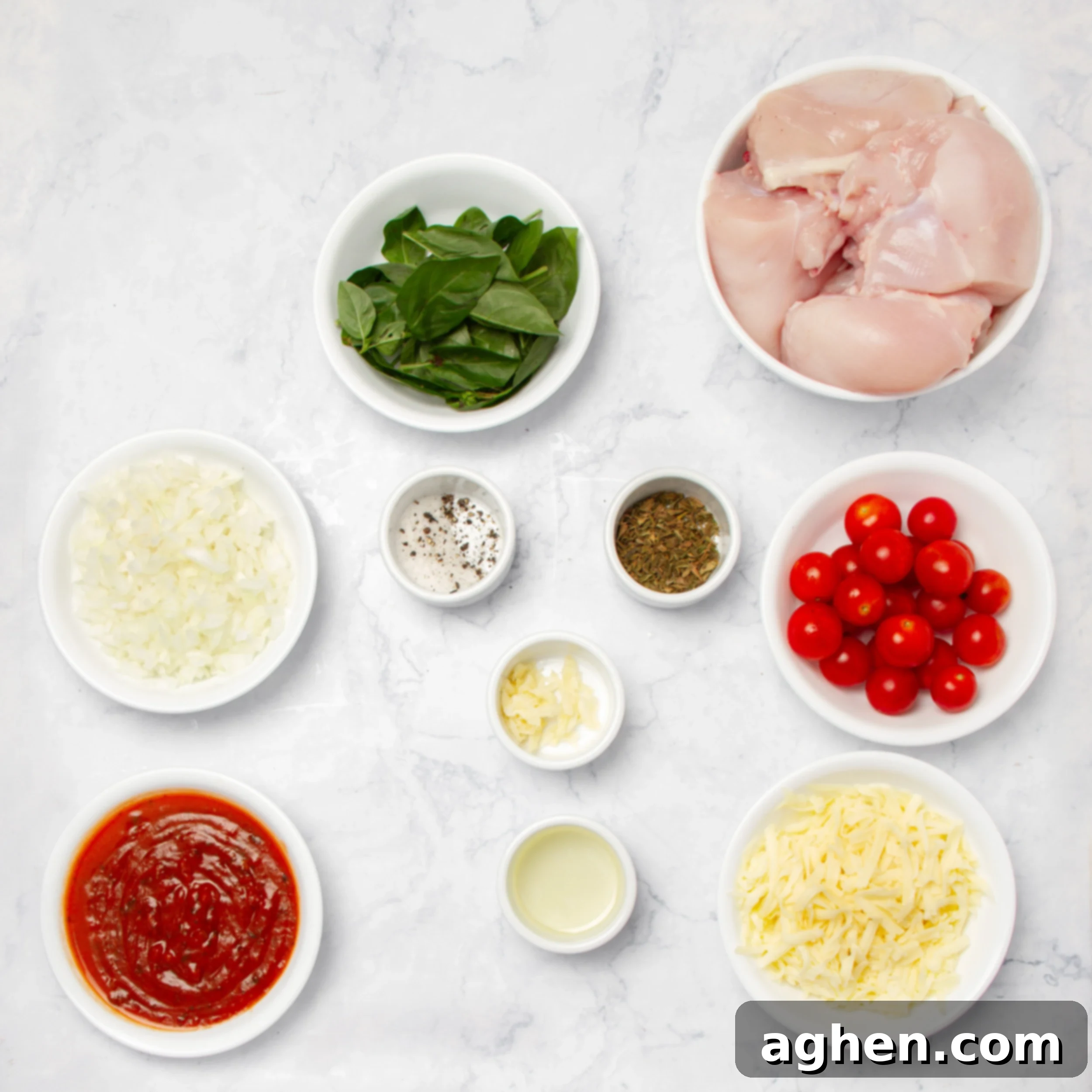 Weight Watchers' Favorite Chicken Caprese 3 Chicken Caprese ingredients in separate dishes on a counter.