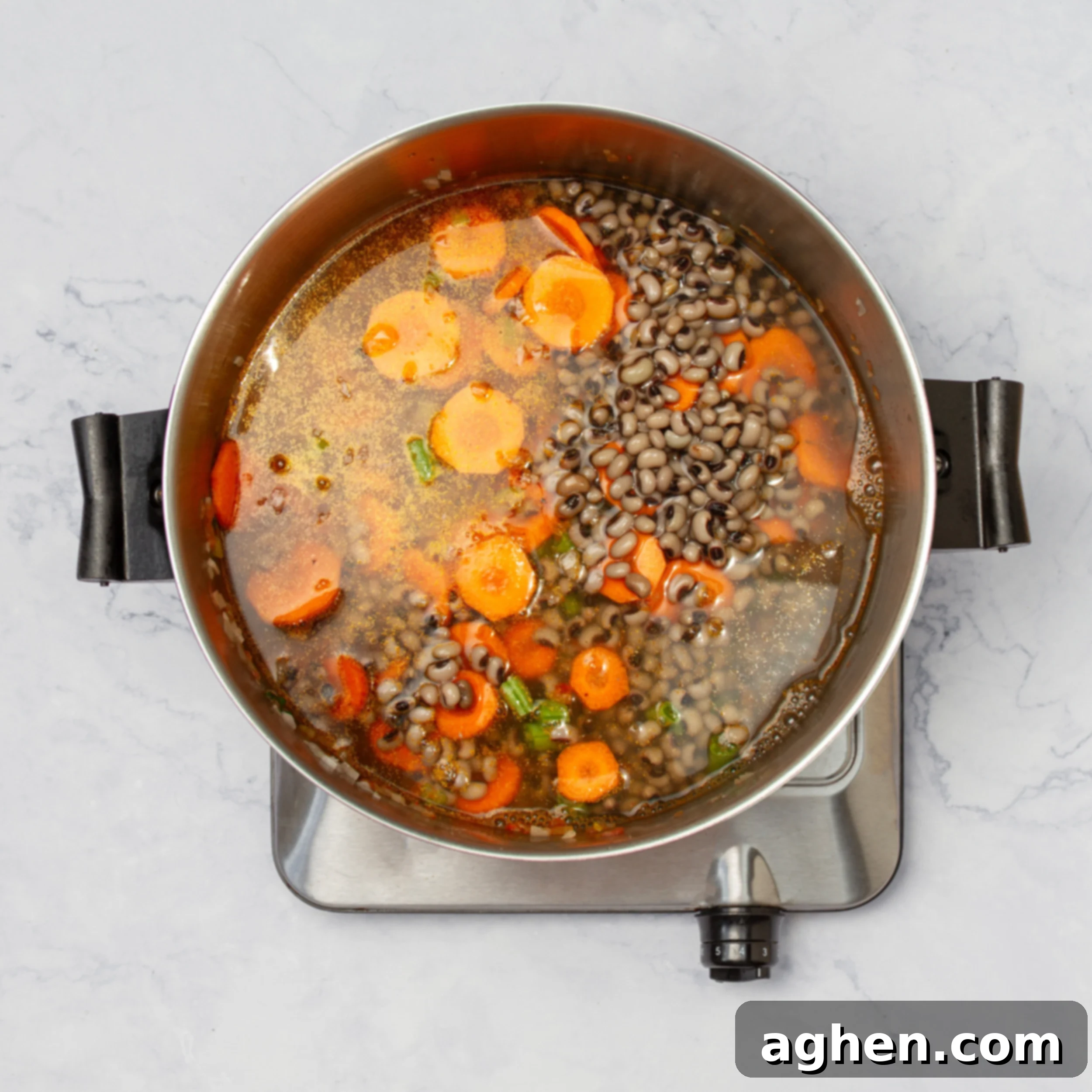 Hearty Black Eyed Pea Delight 6 All soup ingredients simmering in broth.