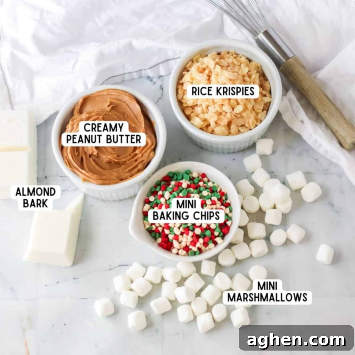 Ingredients for no bake slow cooker avalanche cookies: mini marshmallows, creamy peanut butter, almond bark, rice cereal, holiday mini chips.