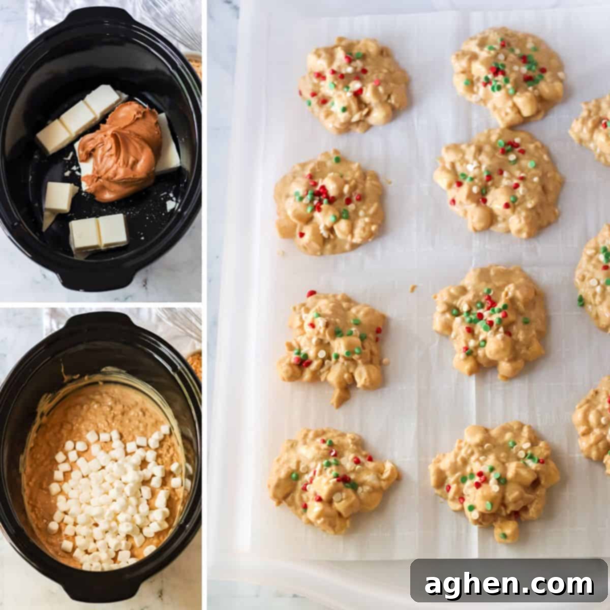 Three image collage of steps to make avalanche cookies: melt butter and peanut butter in crockpot, stir in cereal and marshmallows, and scoop onto parchment paper.