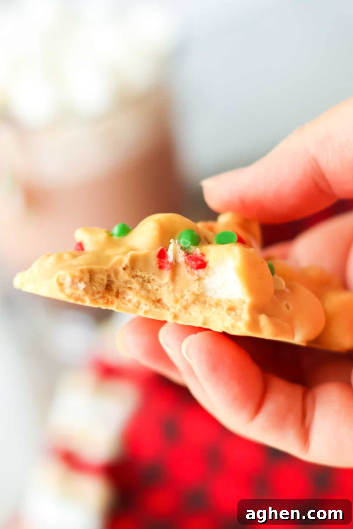 Hand holding avalanche cookie with bit taken out of it.
