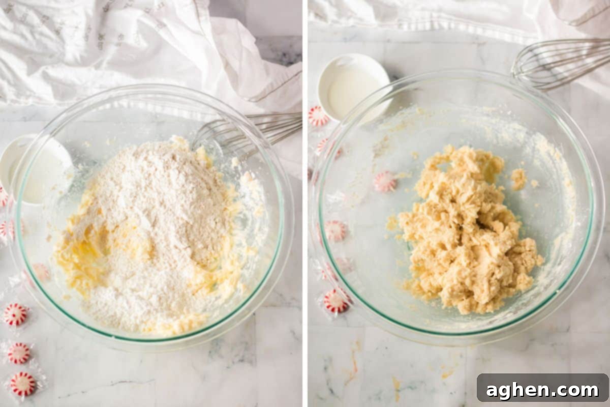 Two-image collage showing cookie ingredients before combining (flour, cornstarch, creamed butter) and after combining into a soft dough.