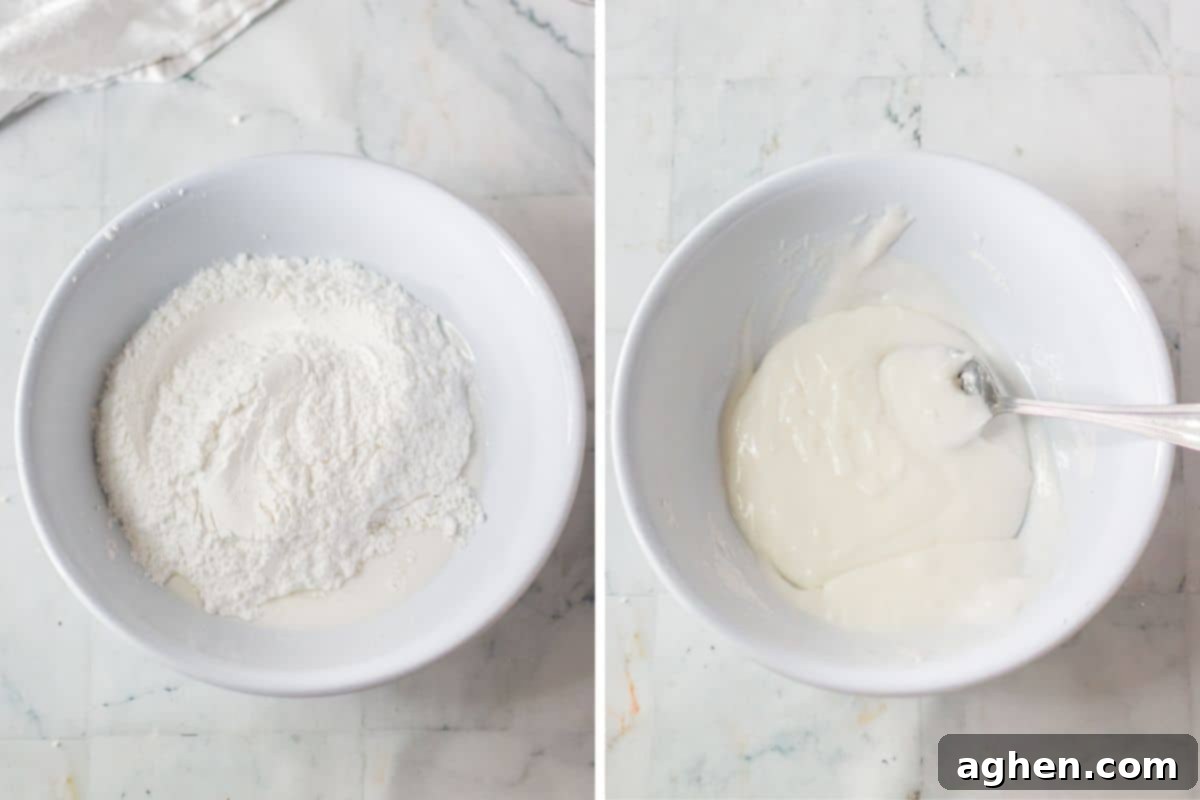 Two-image collage showing peppermint icing ingredients before combining (powdered sugar, milk, extract) and after combining into a smooth, pourable glaze.