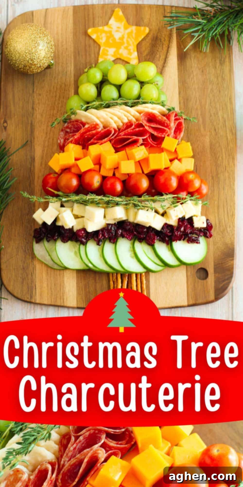 A fully assembled and decorated Christmas Tree Charcuterie Board, featuring a star cheese topper and layers of various cheeses, meats, fruits, and crackers.
