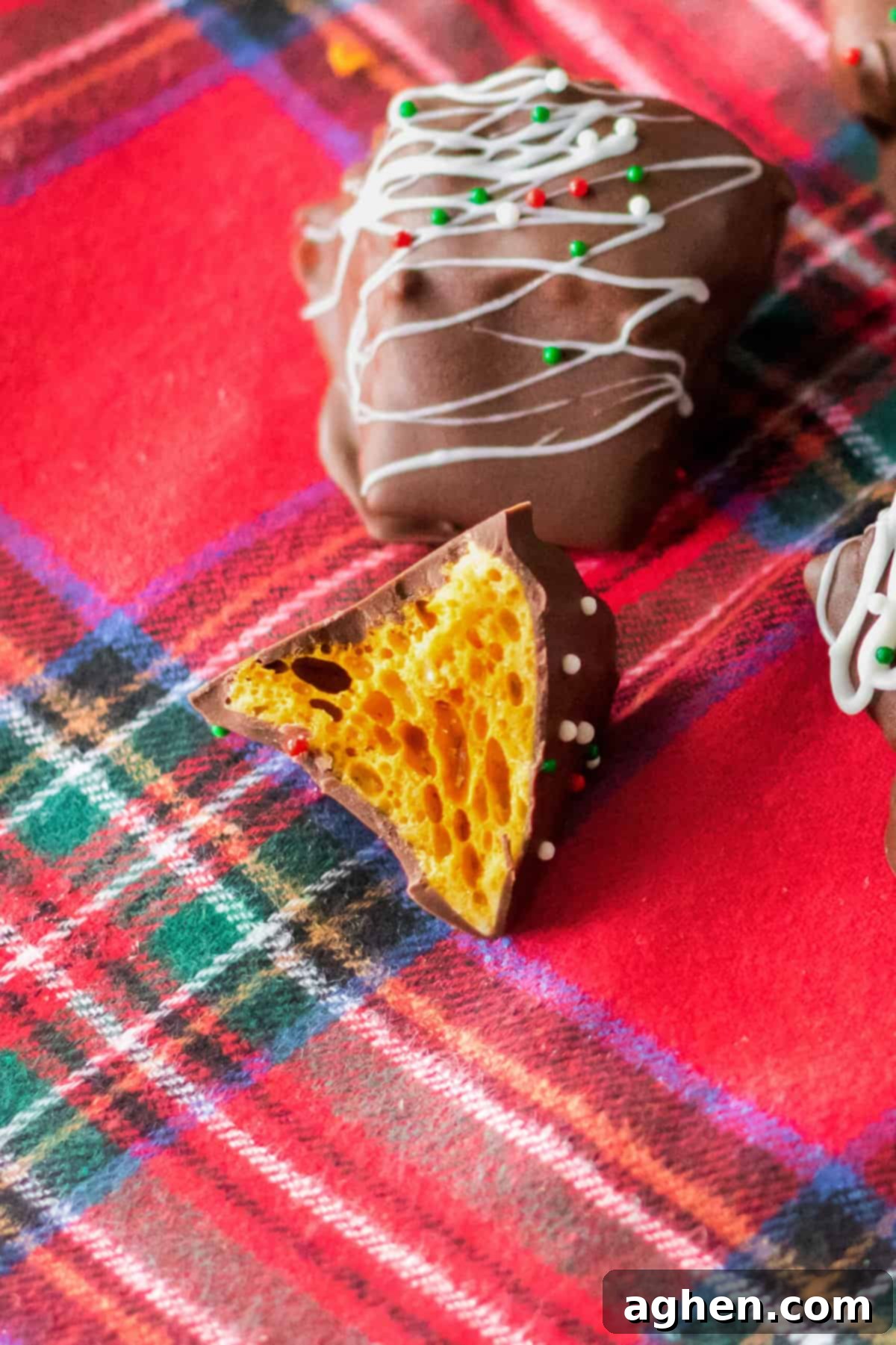 Piece of honeycomb candy with a bite taken out of it.