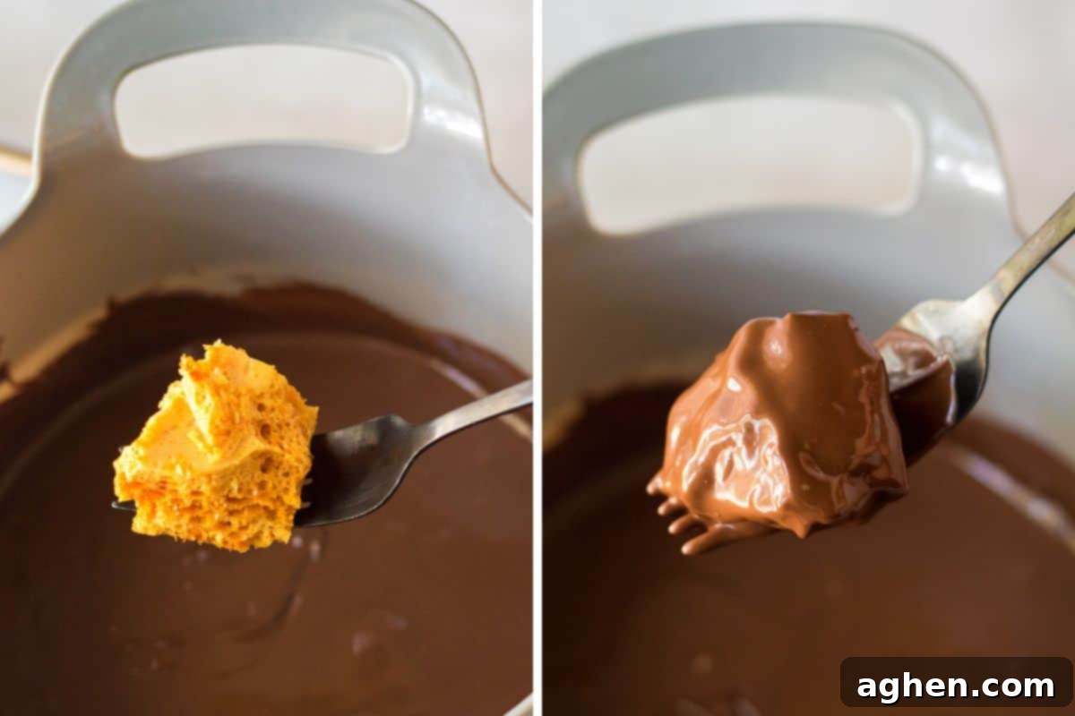 Fork with bite-sized piece of honeycomb candy before and after being dipped in chocolate.