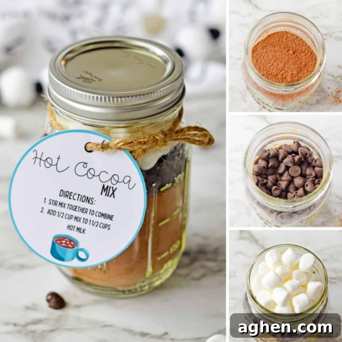 Four image collage of layering hot cocoa mix, chocolate chips, and mini marshmallows in a mason jar, showing the step-by-step process.