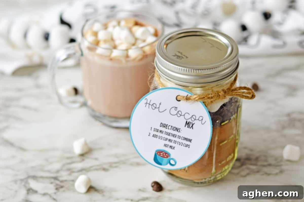 Homemade hot chocolate mix in a jar and a mug of hot cocoa topped with marshmallows, ready to be enjoyed.