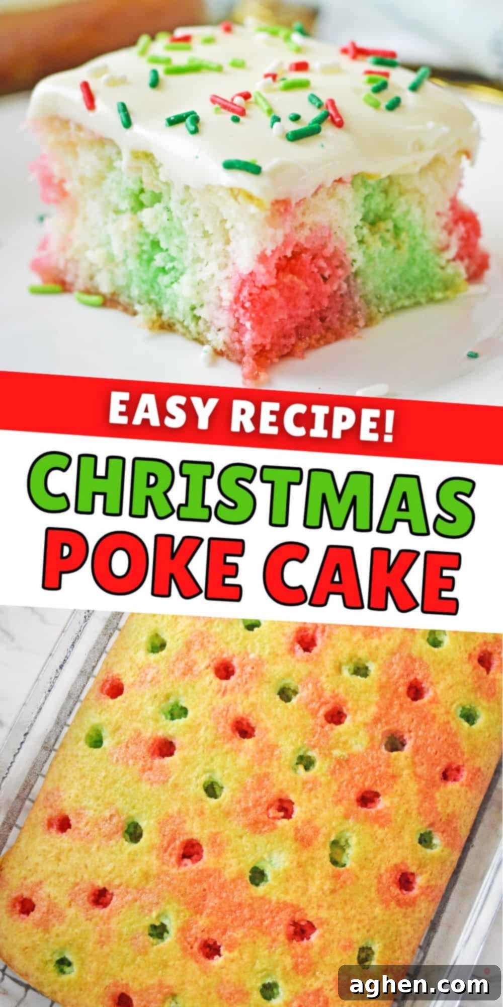 Easy Recipe: Christmas Poke Cake. A festive and simple dessert for the holidays with red and green jello.