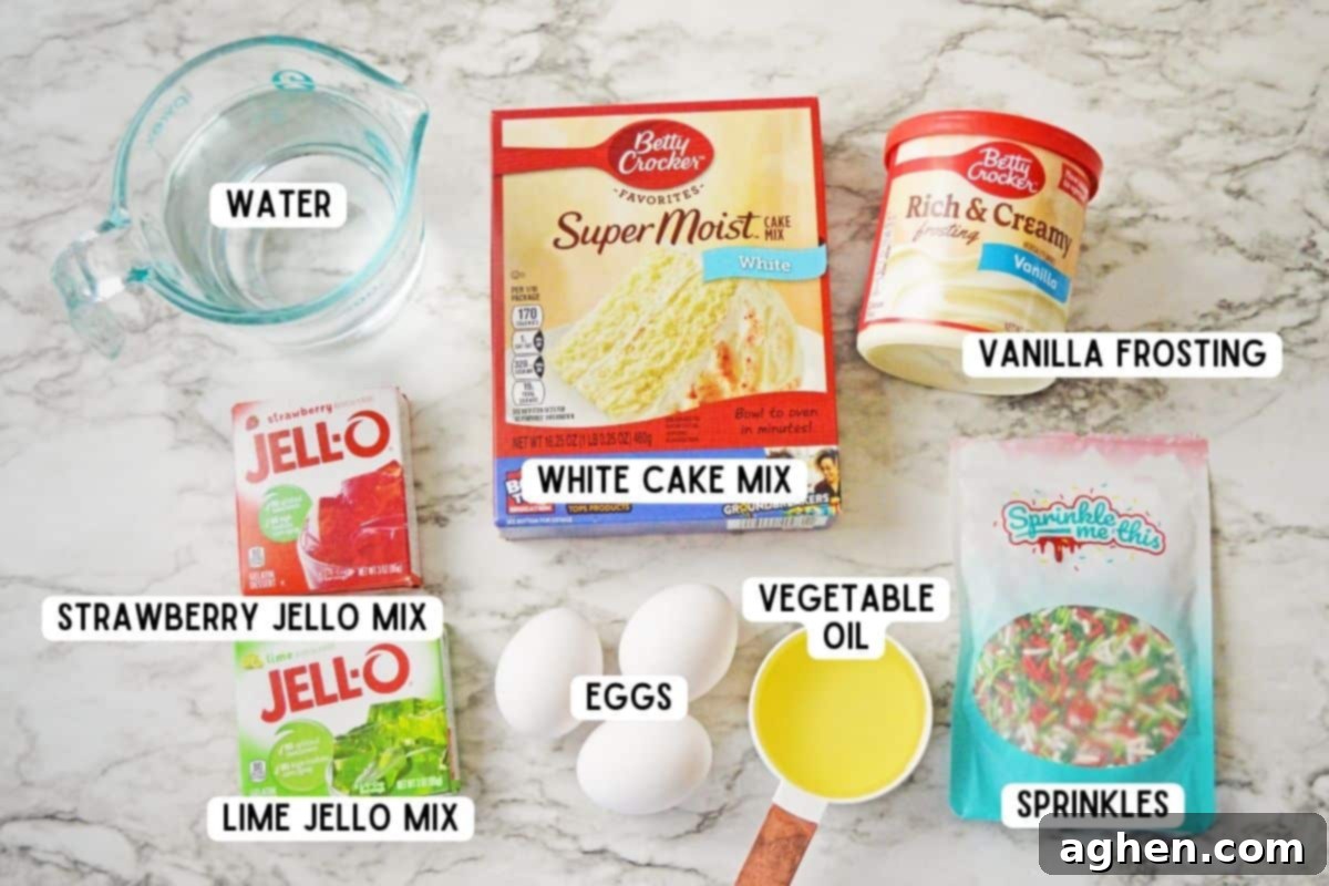 Ingredients for Christmas poke cake recipe, including white cake mix, jello, frosting, and sprinkles.