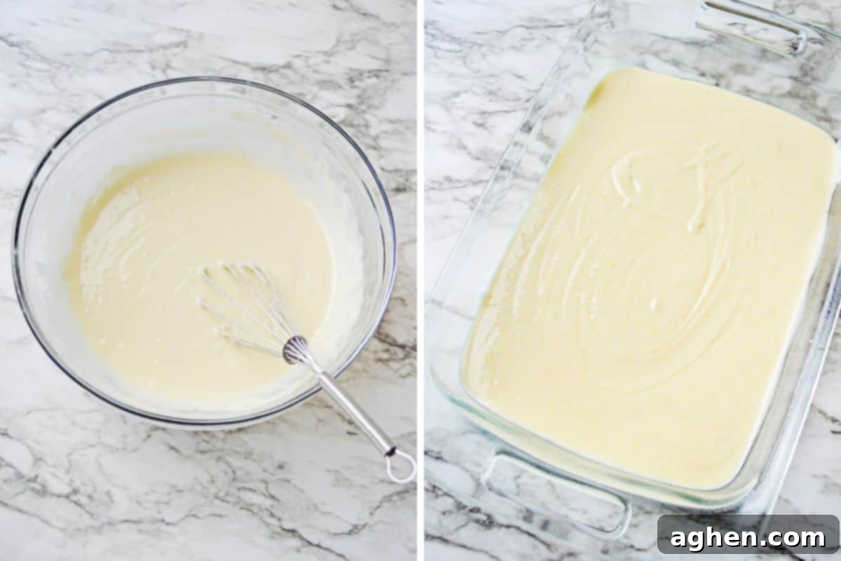 Two image collage of cake batter in glass mixing bowl and cake batter in baking dish, showing preparation of white cake mix.