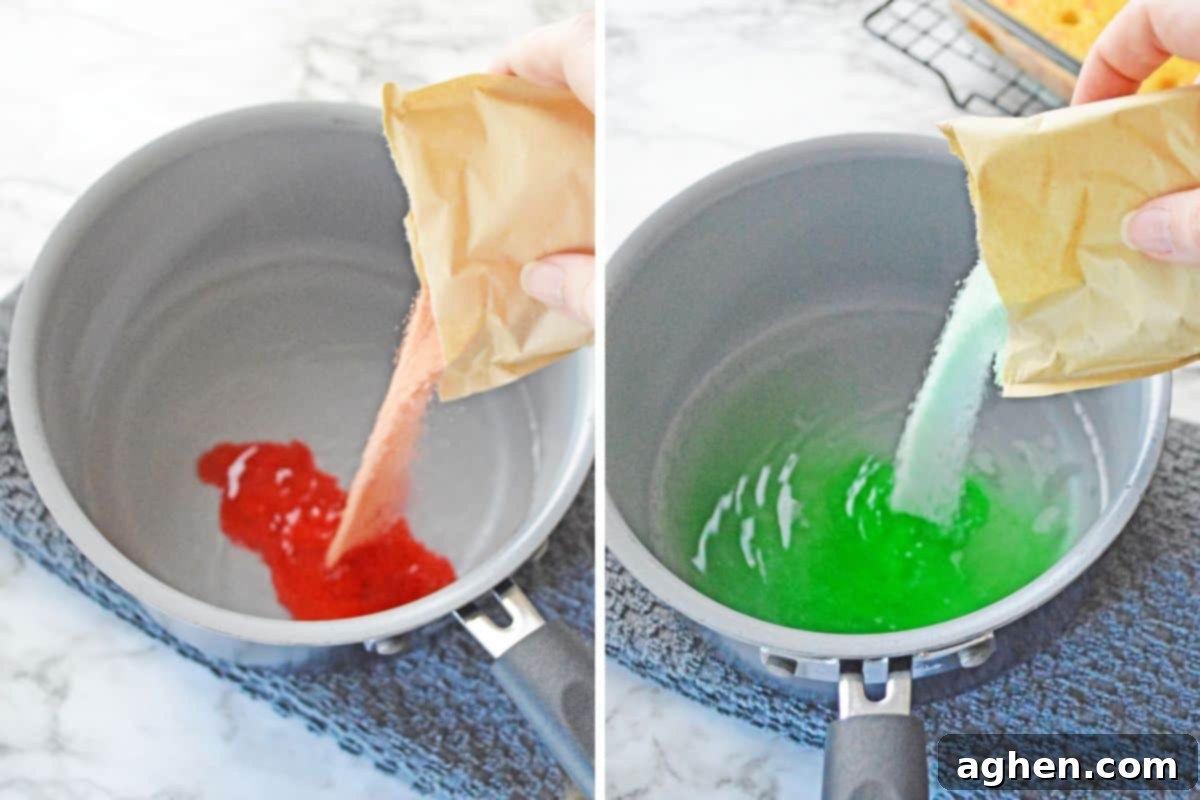 Red and green jello mix being poured into separate pans of boiling water, illustrating the jello preparation process.