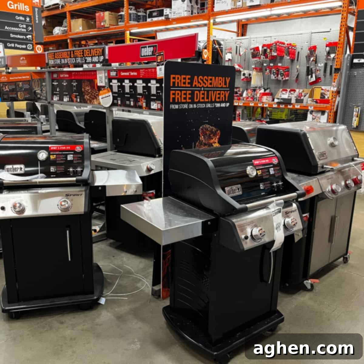 Two Weber gas grills, one compact and one larger, demonstrating different sizes.
