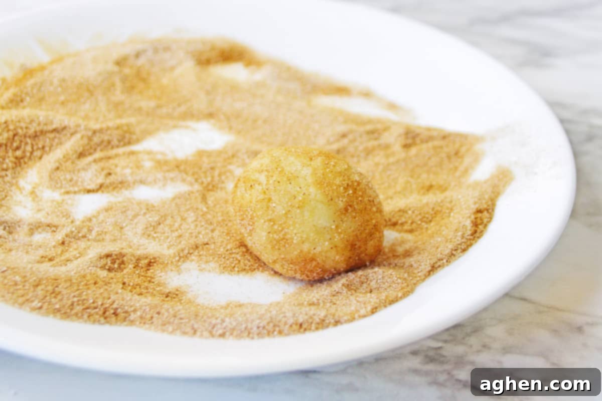Ball of cookie dough being rolled on a plate filled with cinnamon sugar.
