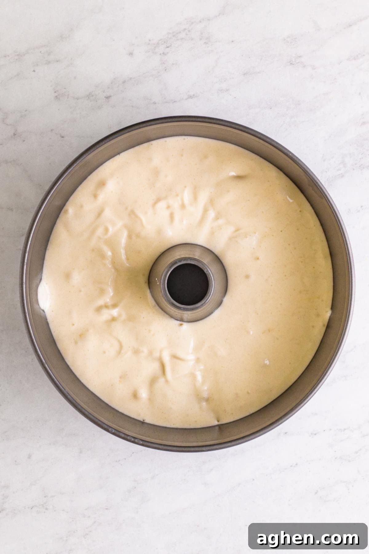 Angel food cake batter in tube pan.