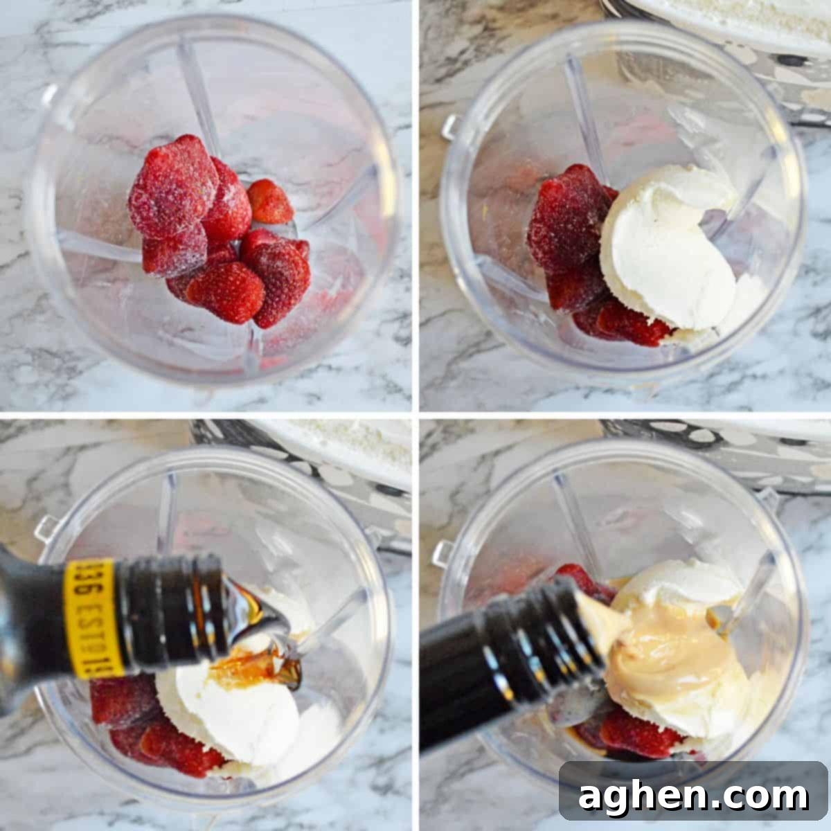 Step-by-step photo collage showing frozen strawberries, vanilla ice cream, and alcohol being added to blender.