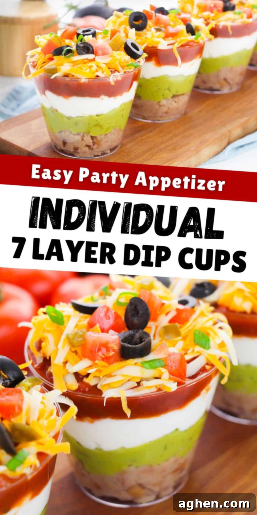 Individual 7 layer dip cups: Easy party appetizer with fresh, colorful layers of Tex-Mex ingredients.
