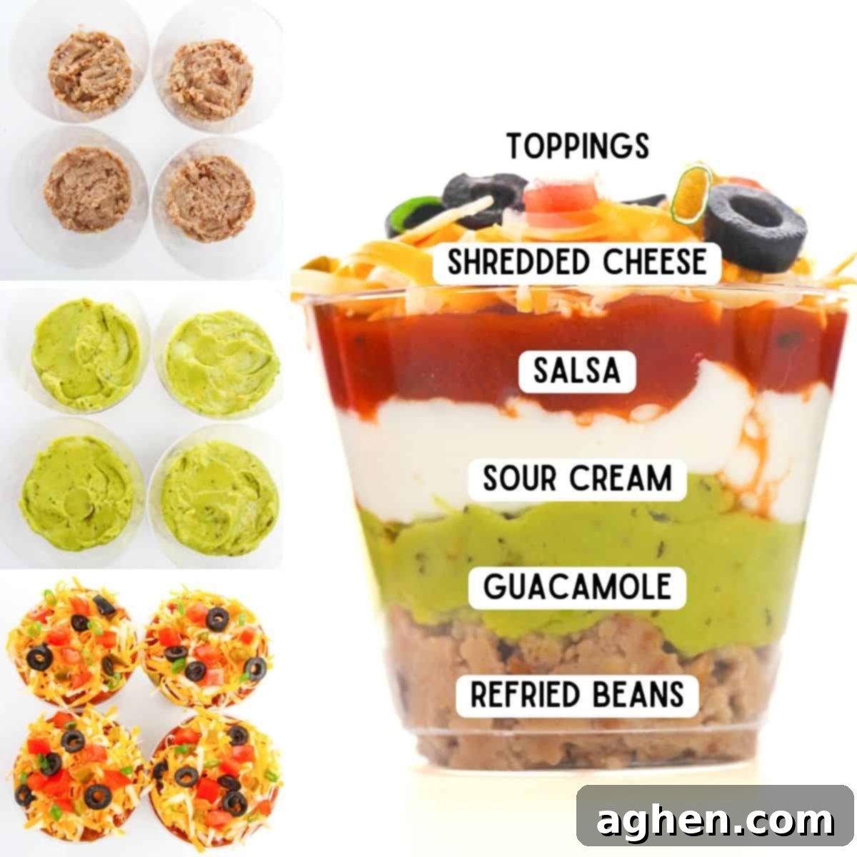Collage displaying the step-by-step layering process for taco dip cups: refried beans, guacamole, sour cream, salsa, cheese, and fresh toppings.