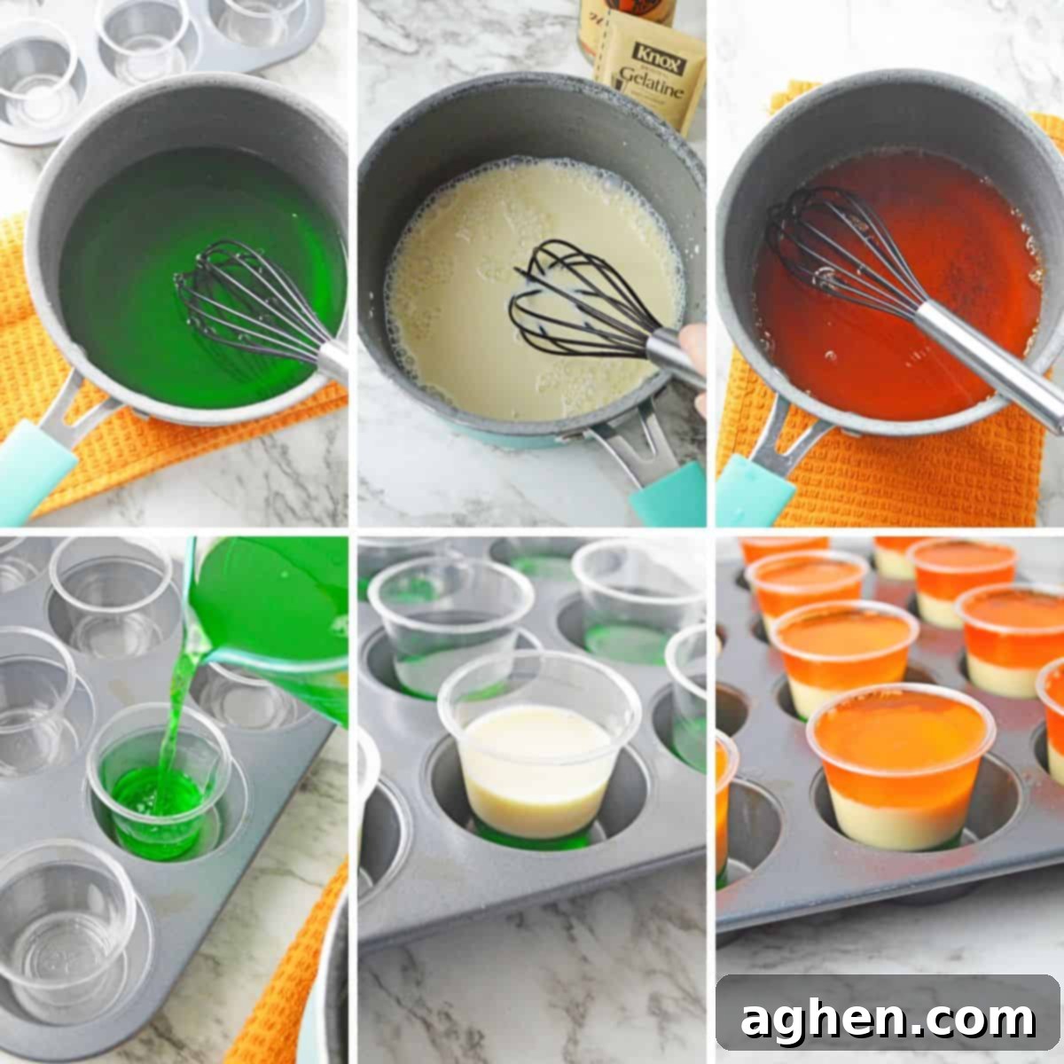 Six image collage showing bowls of green, white, and orange jello mix with a wire whisk, green liquid being poured into shot cups, white jello added to the cups, and the final layer of orange jello added, illustrating the layered jello shot process.