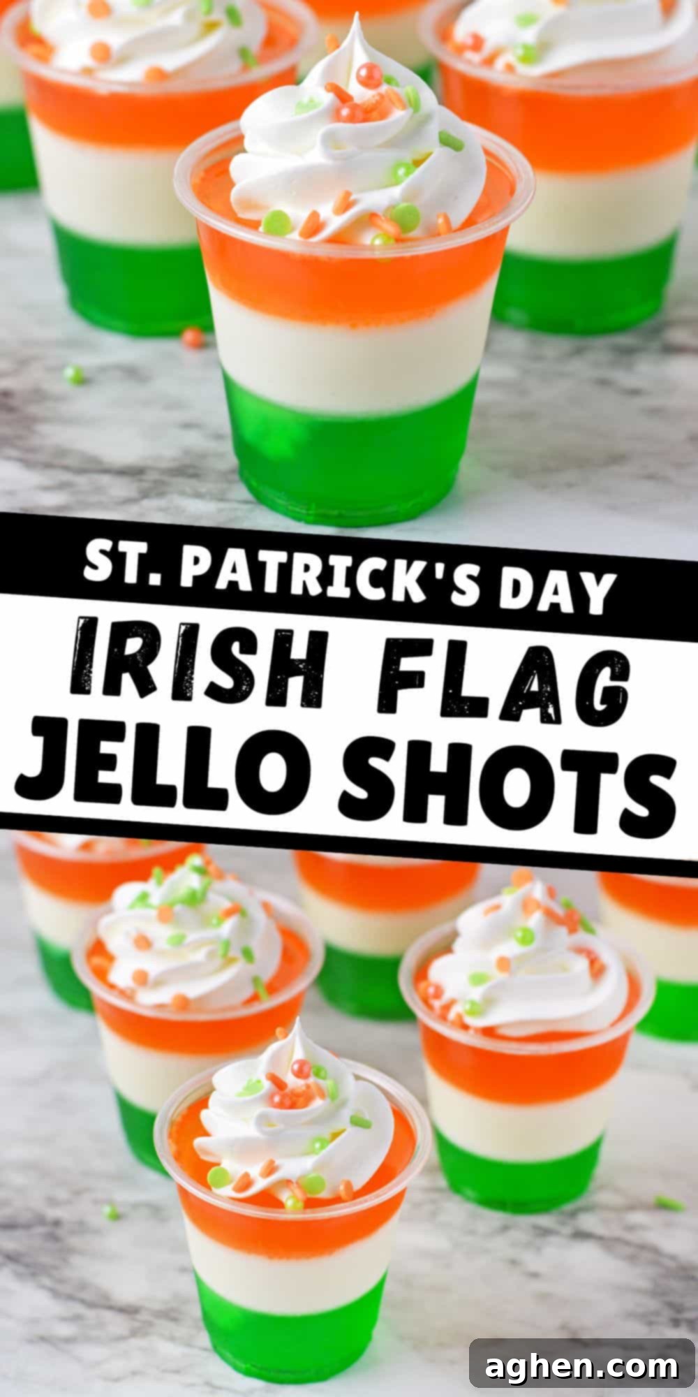 St. Patrick's Day Irish Flag Jello Shots, a close-up of the delightful layered dessert.