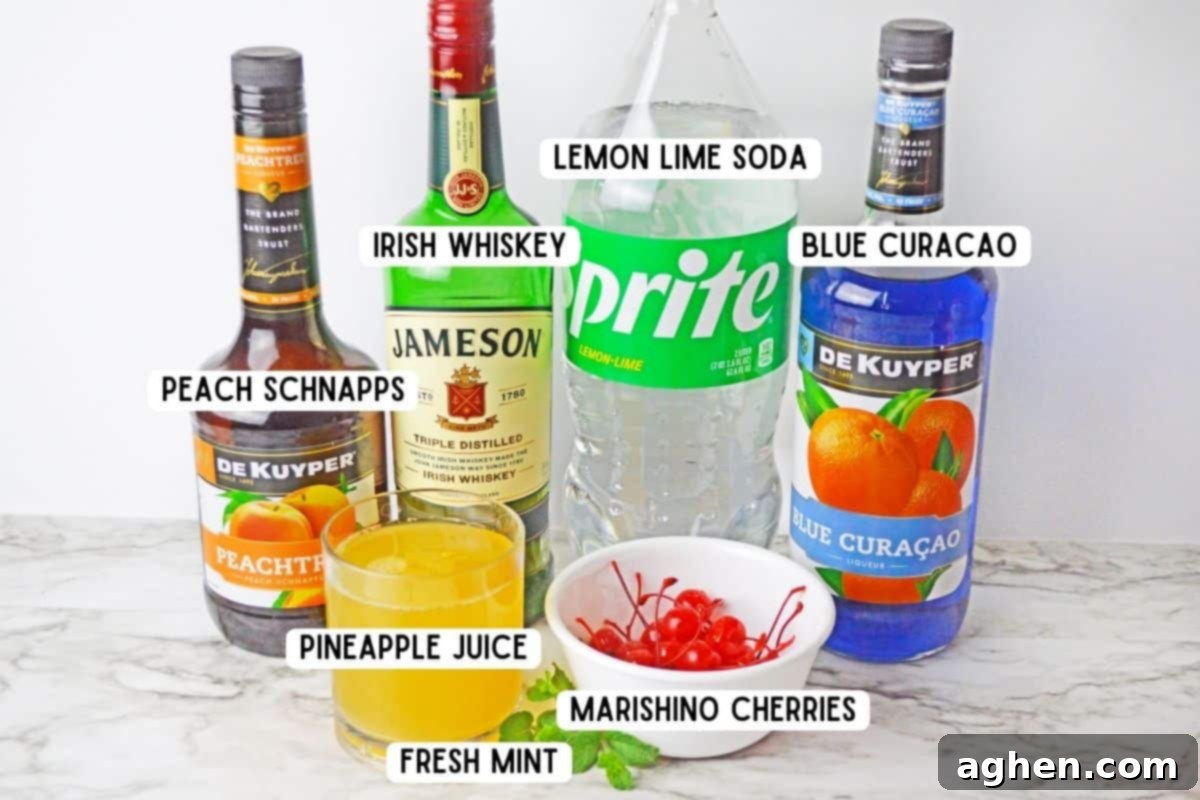 Ingredients for green St. Patrick's Day drink on countertop.