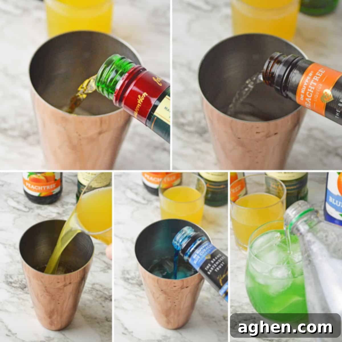 Collage of images of Jameson, peach schnapps, pineapple juice, and blue curacao being poured into cocktail shaker, and Sprite being poured into green cocktail in a glass.