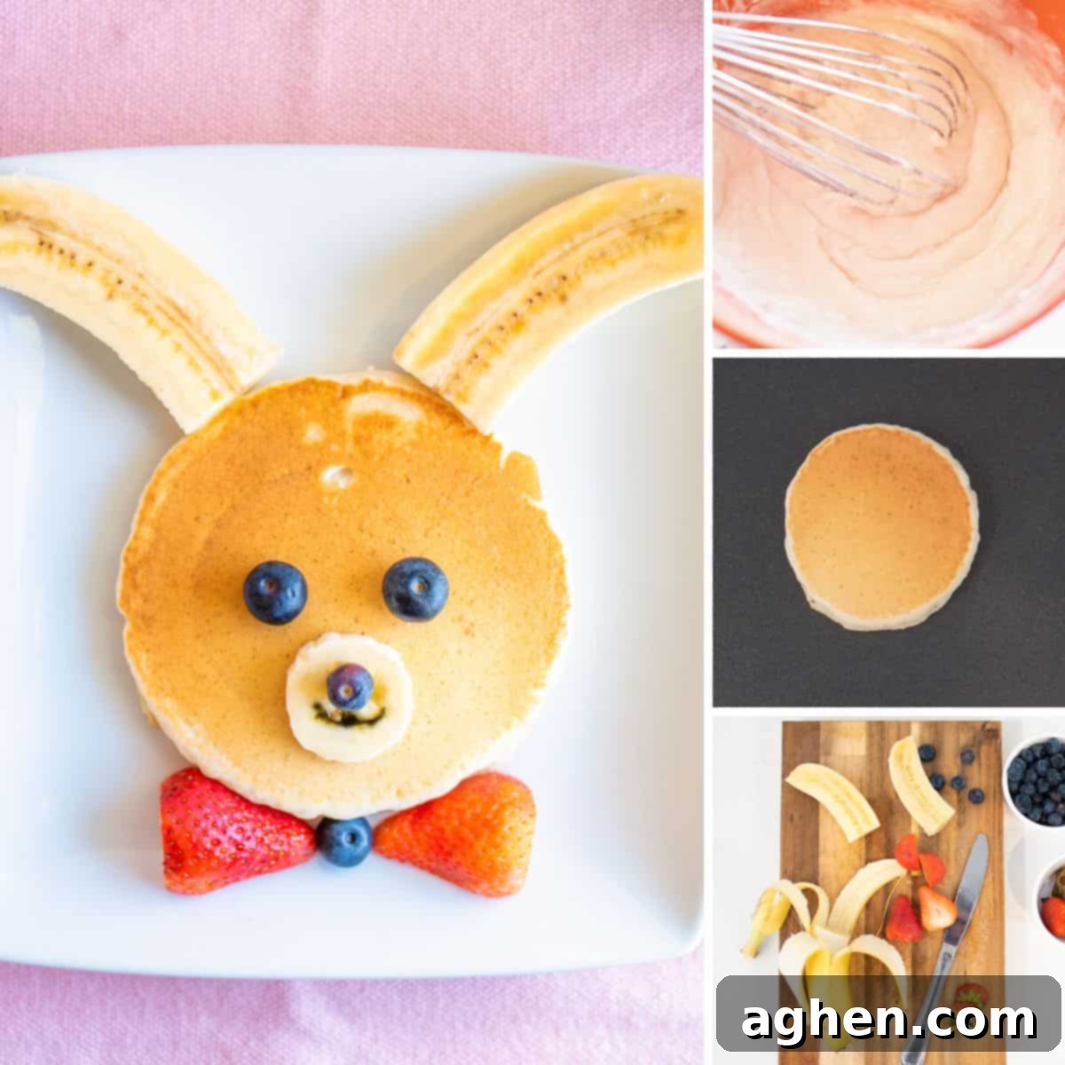 Collage with photos of mixing pancake batter, pancake on griddle, sliced strawberries and bananas on cutting board, and completed bunny face pancake.