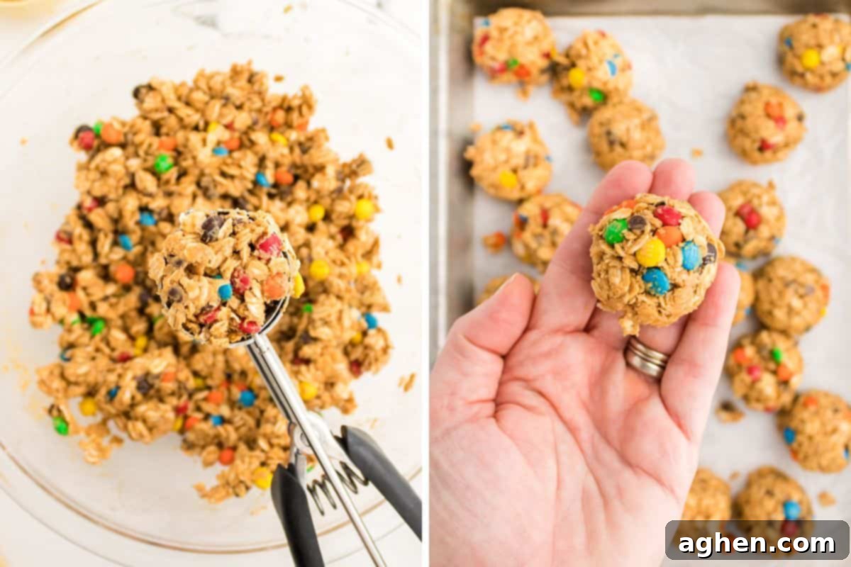 A two-image collage showing the process: first, the energy ball mixture being scooped with a cookie scoop; second, a hand rolling the mixture into a perfect ball.