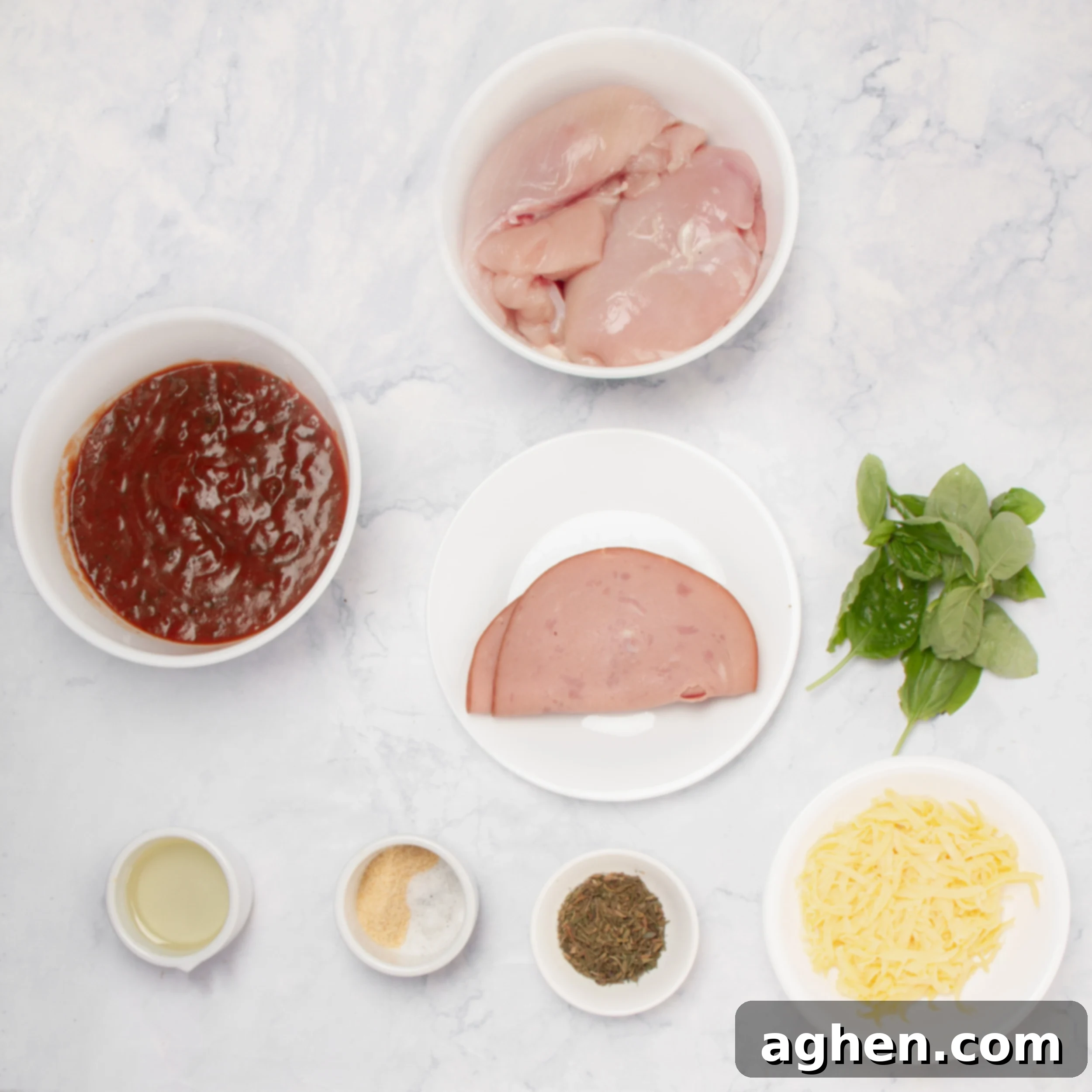 Elegant Stuffed Chicken Breast 3 Chicken Rollatini ingredients in separate dishes.