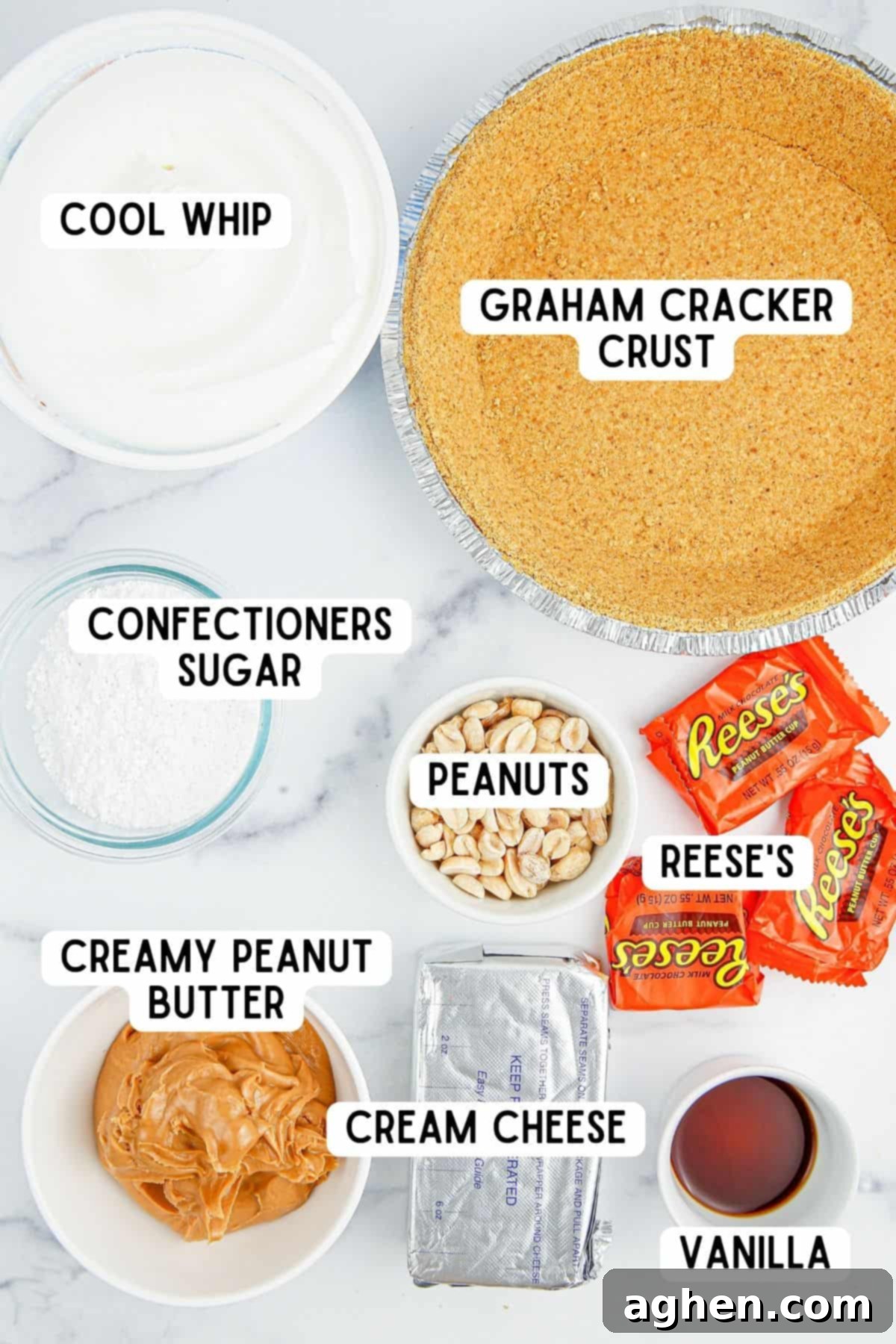 Ingredients for peanut butter pie laid out on a table.