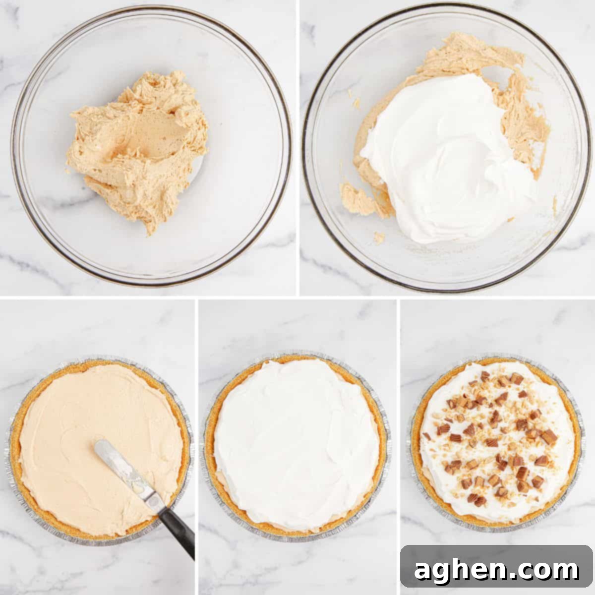 Collage of photos showing the recipe process: ingredients mixed, cool whip added, filling spread, cool whip on top, and final pie with toppings.