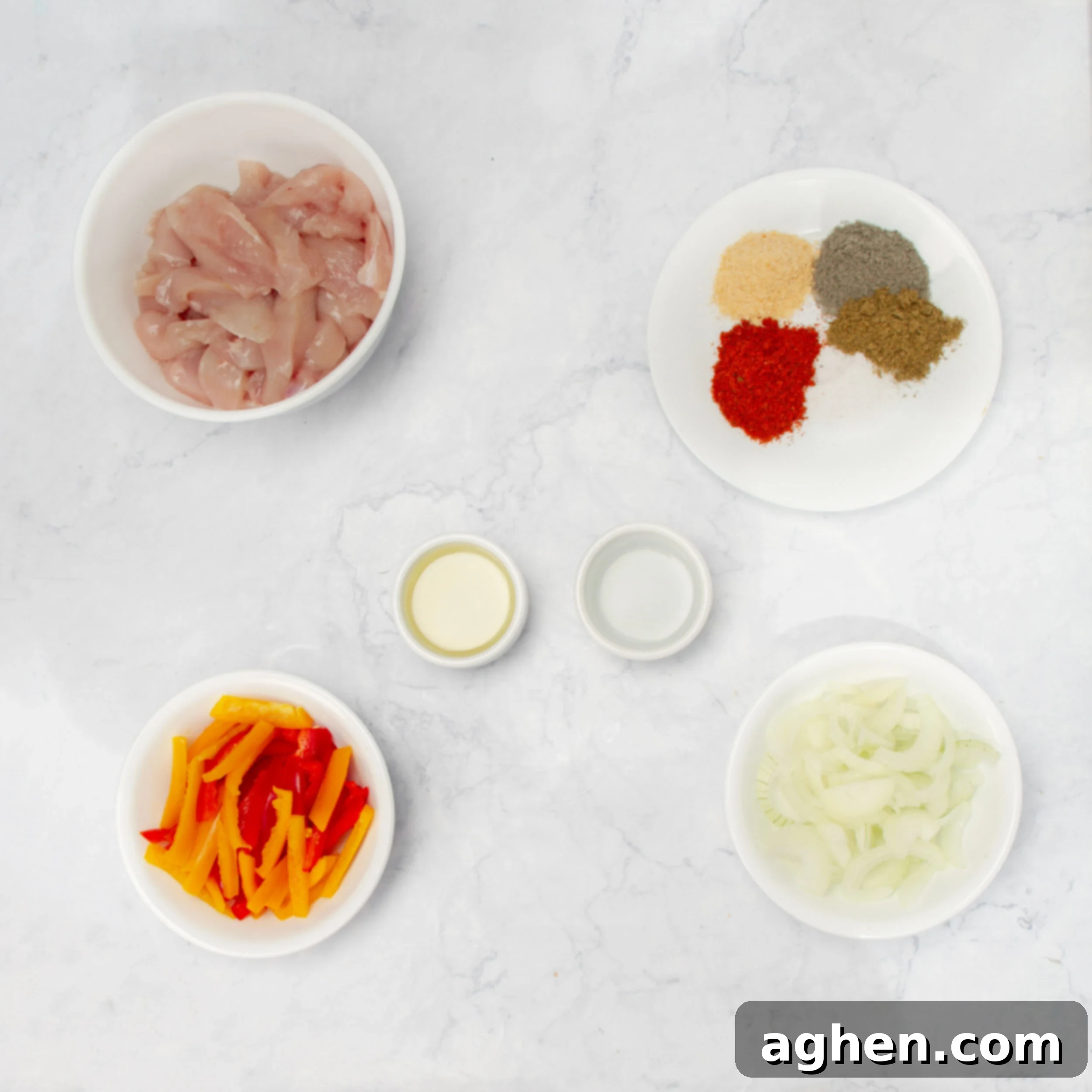 Guilt-Free Chicken Fajitas 3 Ingredients for healthy chicken fajitas in separate dishes on a countertop.