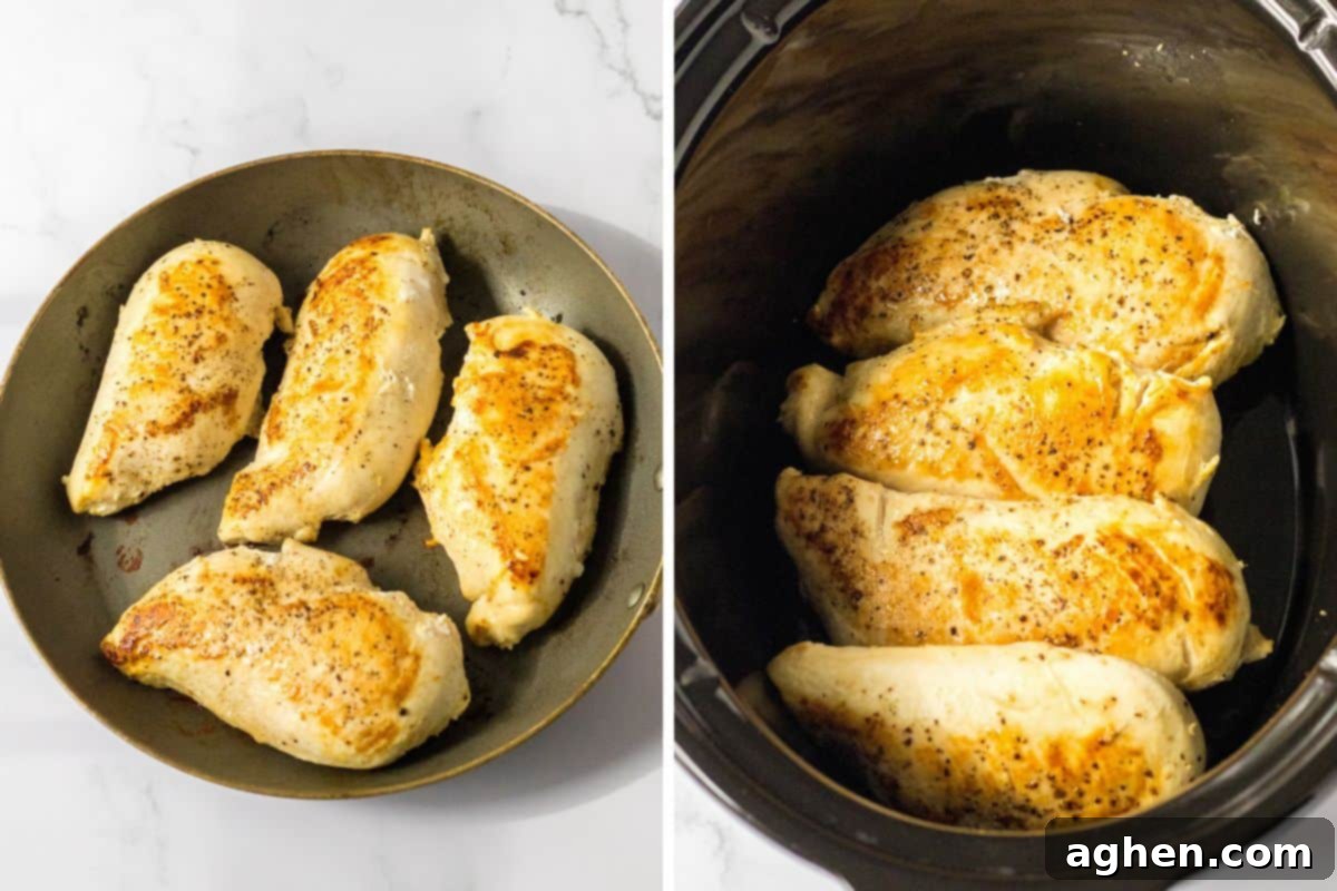Two image collage of chicken breasts browned on stovetop and then placed in an even layer in the bottom of a slow cooker.