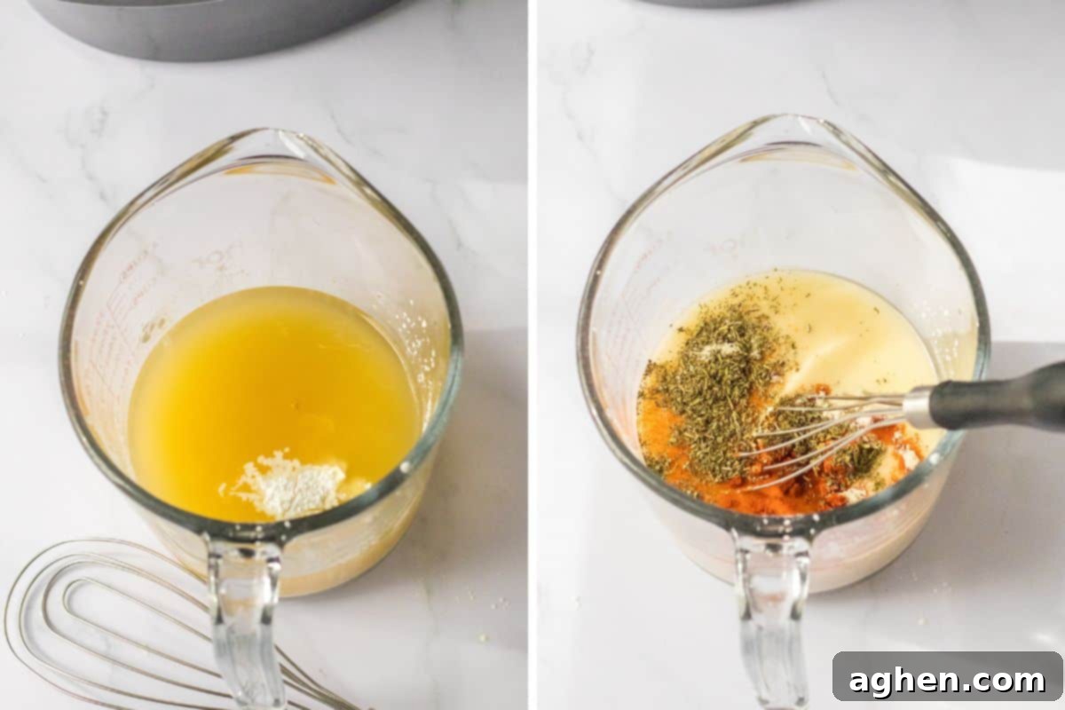Two image collage of large measuring cup with marry me sauce ingredients before whisking together.