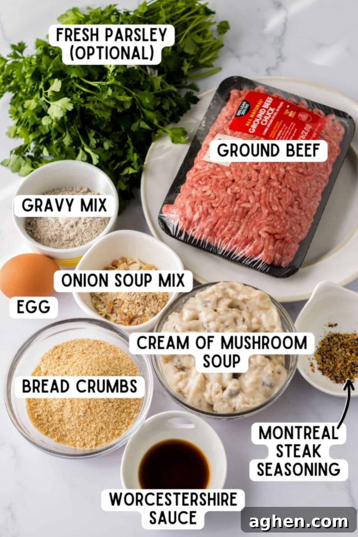 Easy Slow Cooker Salisbury Steaks 4 Ingredients for Crockpot Salisbury Steak Recipe laid out on a counter.