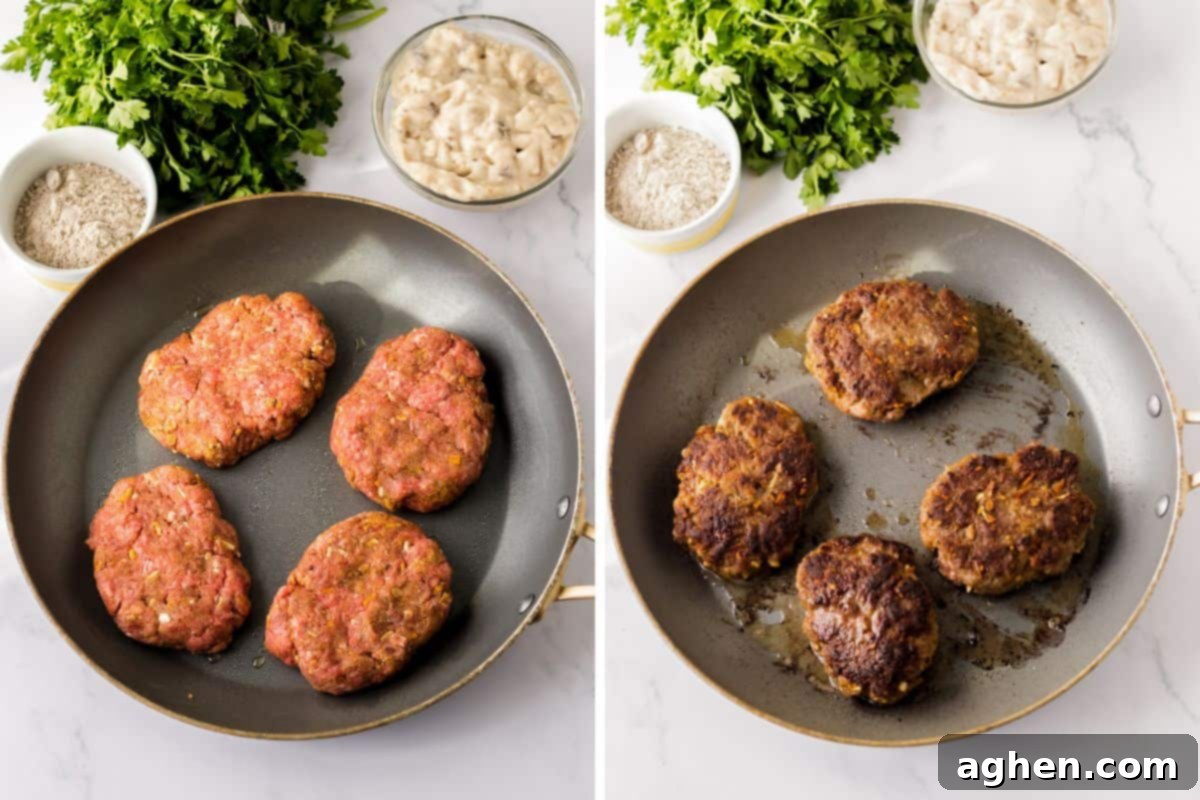 Easy Slow Cooker Salisbury Steaks 6 Side by side photos of hamburger steaks in frying pan before and after searing to a golden brown.