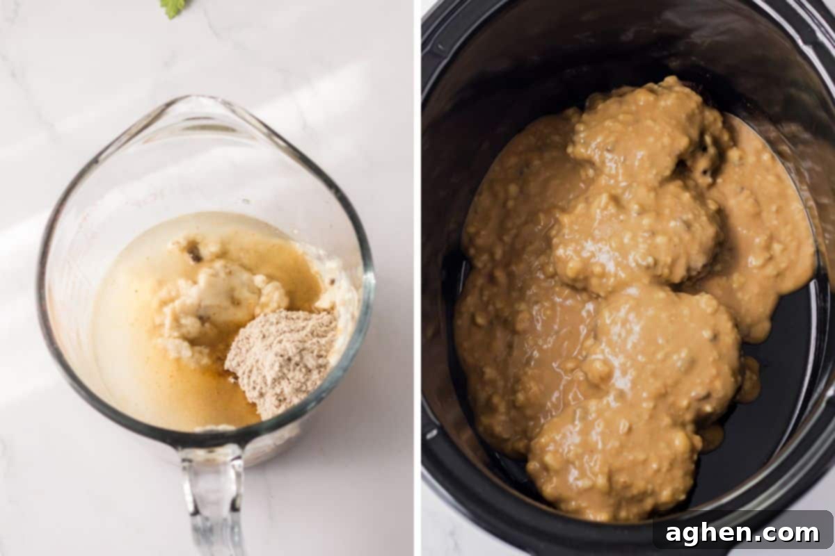 Easy Slow Cooker Salisbury Steaks 7 Two image collage showing gravy ingredients being mixed in a bowl and hamburger steaks in the crockpot covered in gravy.